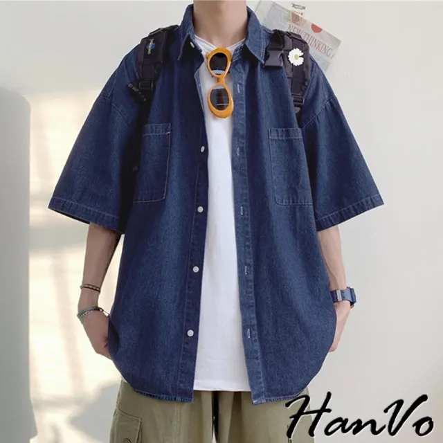 【HanVo】現貨 男款休閒寬鬆牛仔短袖襯衫(舒適透氣潮流復古工裝上衣 韓版夏季T恤 男生衣著 B01-1016)
