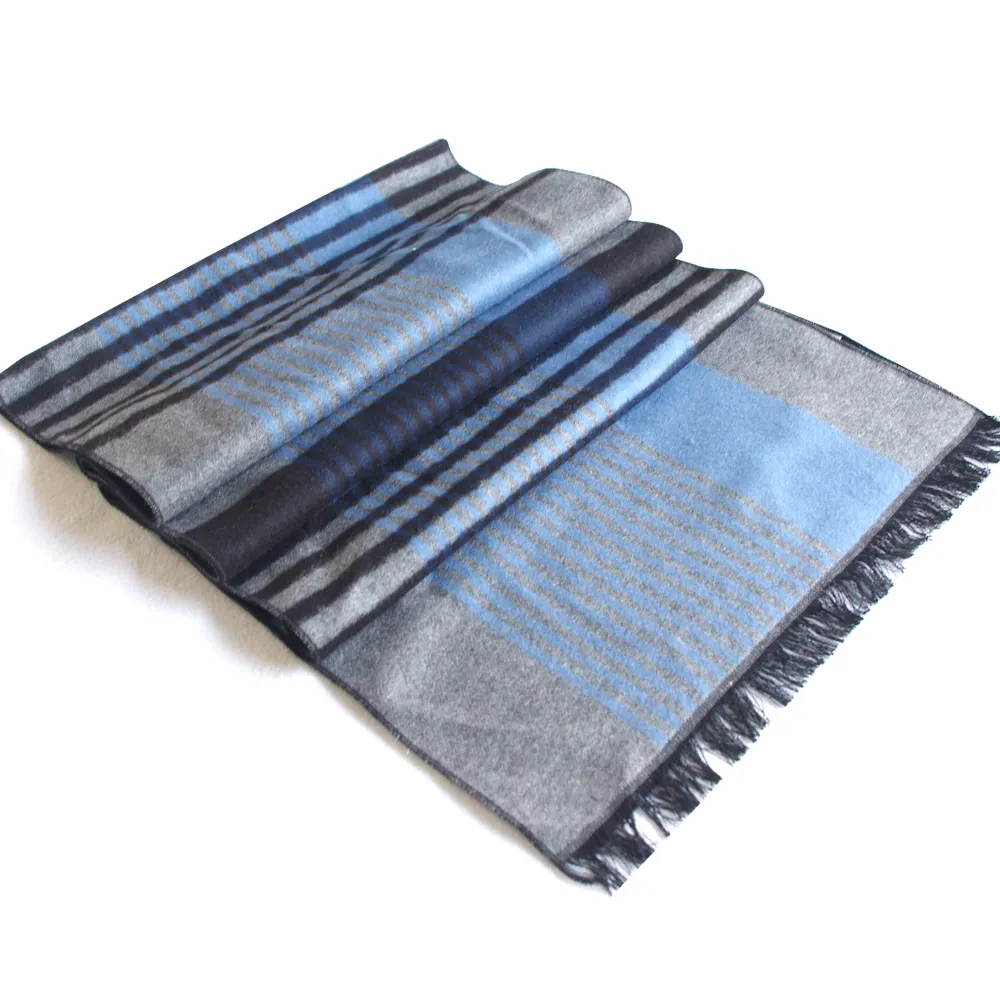 經典時尚100%蠶絲保暖圍巾藍灰細條紋(蠶絲圍巾)