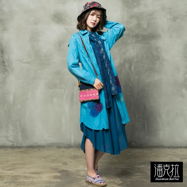 【潘克拉】配色縫布長版襯衫-F(藍/紫)