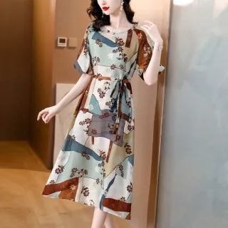 【REKO】玩美衣櫃復古印花連身裙印花收腰洋裝M-2XL