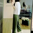 【MsMore】夏季白綠色短袖運動套裝網紅時尚圓領寬鬆休閒闊腿長褲兩件式套裝#116993(綠)