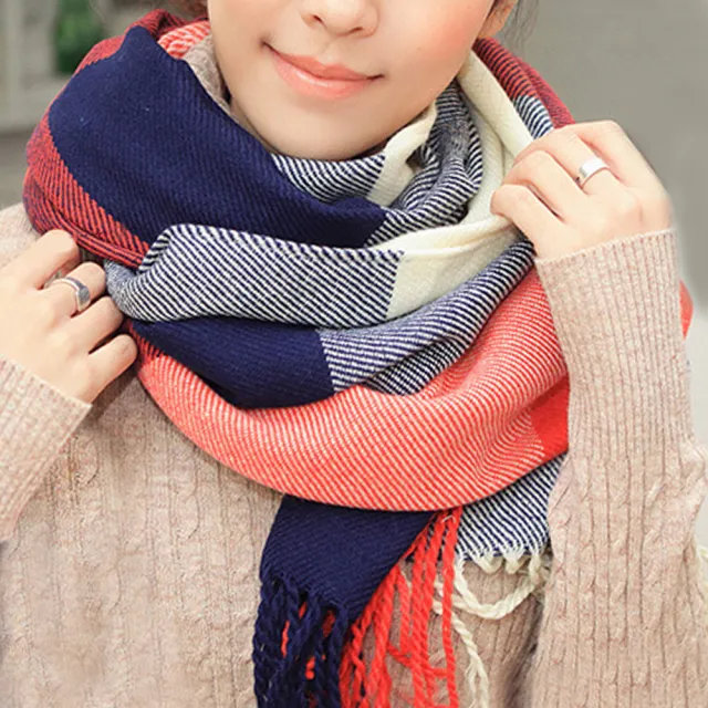【幸福揚邑】羊絨質感格紋保暖圍巾/披肩(棗紅藍格)