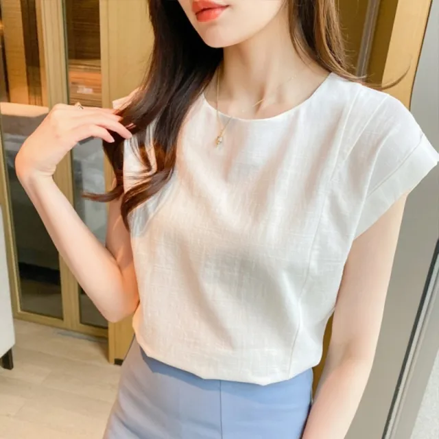 【baibeauty 白鳥麗子】簡約素色壓紋棉麻連肩袖背心上衣(背心)