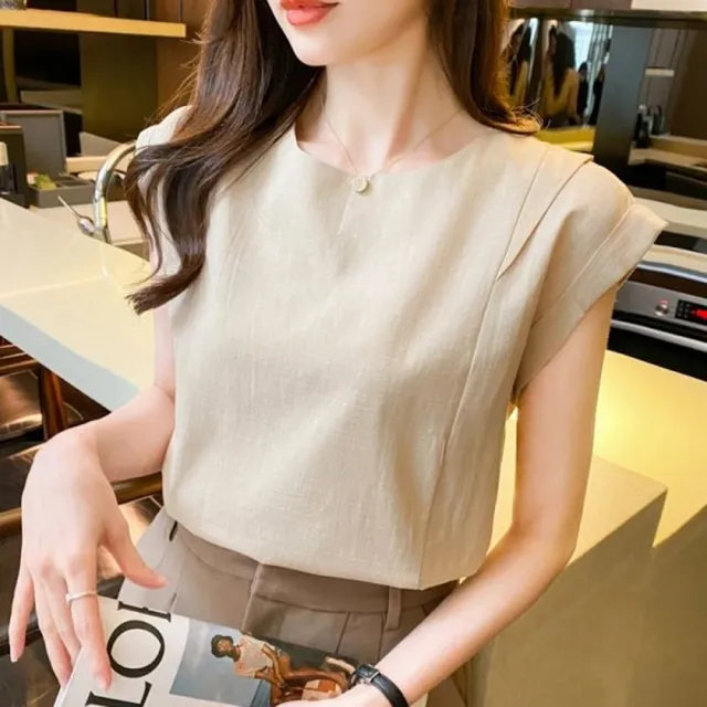 【baibeauty 白鳥麗子】簡約素色壓紋棉麻連肩袖背心上衣(背心)