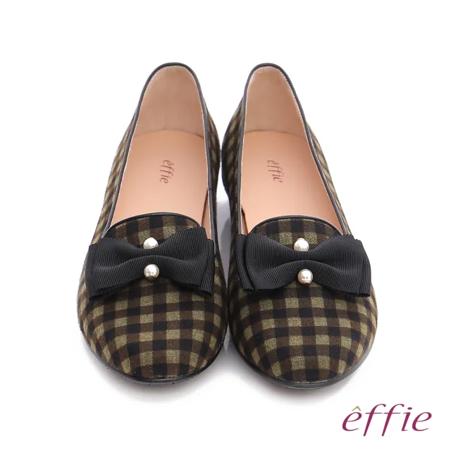 【effie】都會舒適 全真皮豔彩格紋拼接珍珠蝴蝶低跟鞋(橄欖綠)