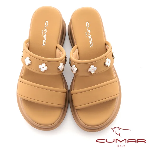 【CUMAR】一字花朵裝飾楔型厚底涼拖鞋(棕色)