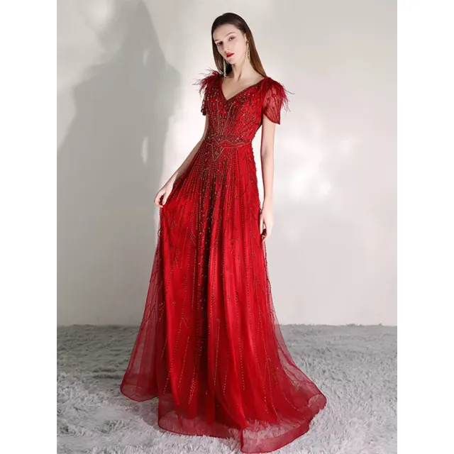 【女神婚紗禮服】高端性感V領收腰顯瘦宴會晚禮服 PLGZ-1313(訂婚禮服 敬酒服)