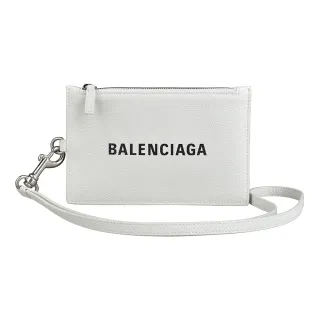 【Balenciaga 巴黎世家】BALENCIAGA燙印黑字LOGO小牛皮拉鍊勃掛零錢卡夾包(白)