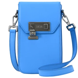 【Dior 迪奧】Christian Dior 簡約金屬LOGO小牛皮小方包手機包斜背包(藍)