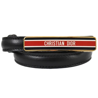 【Dior 迪奧】Christian Dior 品牌金屬LOGO釦飾超窄版扣式時尚皮帶(黑)
