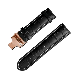 【Watchband】經典復刻時尚指標(壓紋真皮雙邊壓扣錶帶 黑x白x玫瑰金扣)