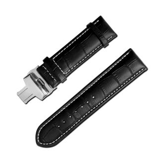 【Watchband】經典復刻時尚指標(壓紋真皮雙邊壓扣錶帶 黑x白x銀扣)