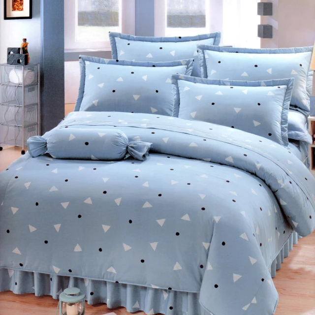 【艾莉絲-貝倫】清新日和(6x6.2呎)六件式雙人加大(100%純棉)鋪棉床罩組(灰藍色/桔色)