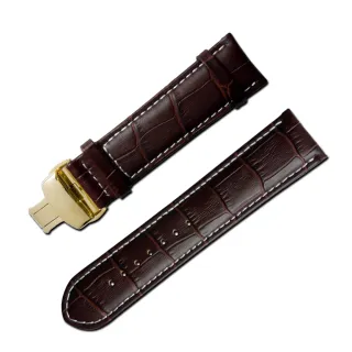 【Watchband】經典復刻時尚指標(壓紋真皮雙邊壓扣錶帶 棕x白x金扣)