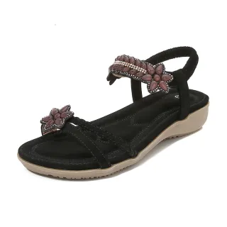 【QUEENA】厚底涼鞋 坡跟涼鞋/華麗水晶美鑽花朵造型舒適坡跟厚底涼鞋(黑)