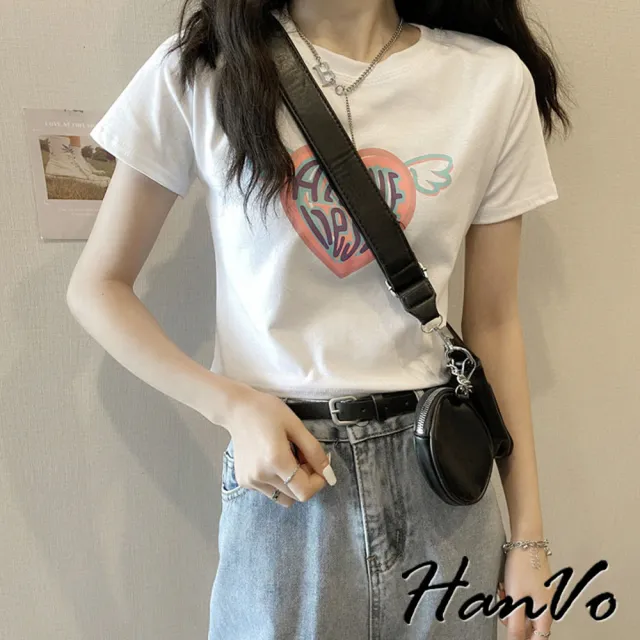 【HanVo】現貨 天使翅膀愛心修身短版T恤(親膚透氣百搭顯瘦圓領短袖上衣 韓系女裝 女生衣著 A01-0037)