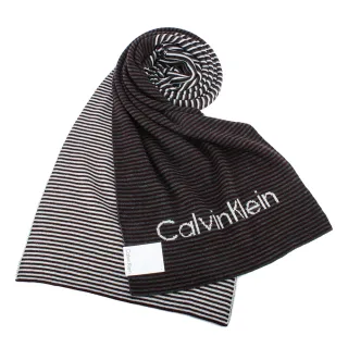 【Calvin Klein】橫細紋亮眼LOGO雙色圍巾(咖啡/灰色)