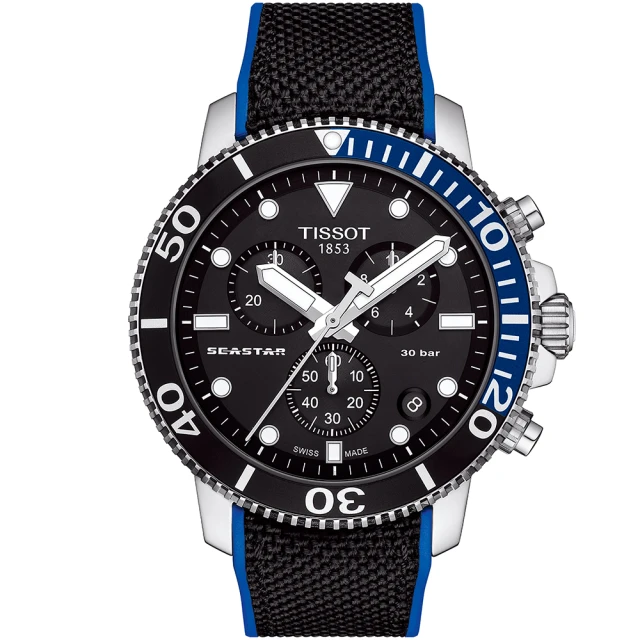 【TISSOT 天梭 官方授權】Seastar 1000海星300米潛水三眼計時錶-45.5mm/黑x藍 畢業 禮物(T1204171705103)