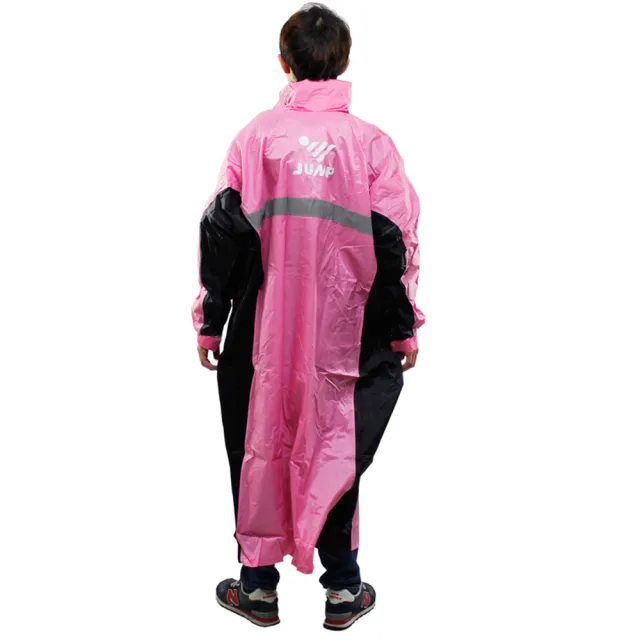 【JUMP】新二代優帥前開式休閒風雨衣-粉紅黑+通用鞋套