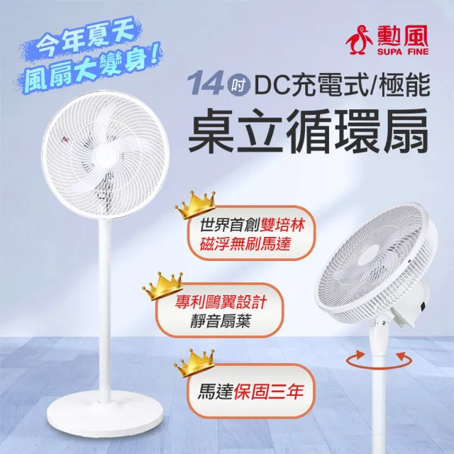 【勳風】14吋充插二用旋風式DC扇節能電風扇立扇循環扇/BHF-T0024(不怕停電/可用行動電源)