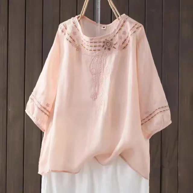 【ACheter】復古麻感文藝手工刺繡圓領七分袖氣質薄款寬鬆中長上衣#118308(粉/黃/綠/藏青)