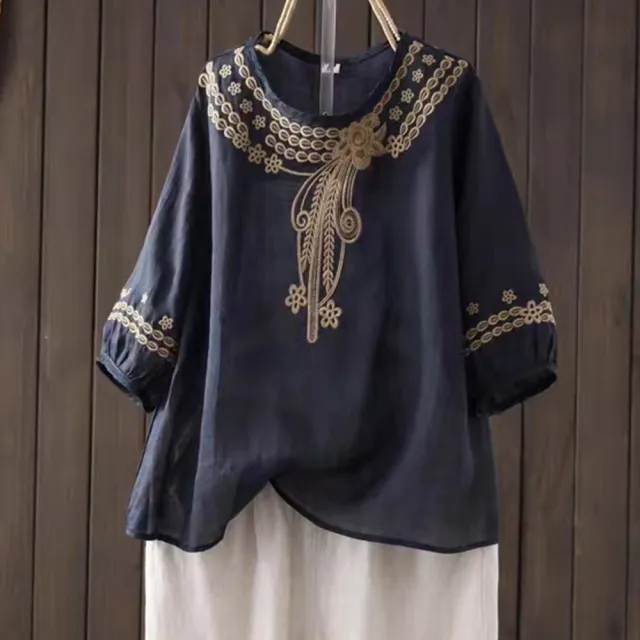 【ACheter】復古麻感文藝手工刺繡圓領七分袖氣質薄款寬鬆中長上衣#118308(粉/黃/綠/藏青)