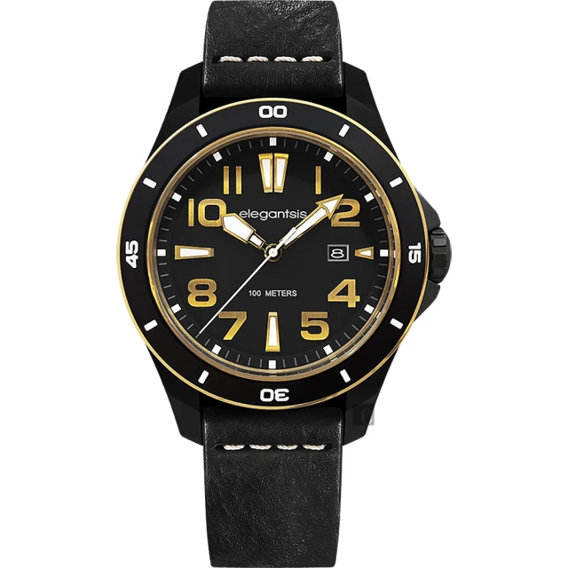 【elegantsis】JT65 騎士系列復古潮流手錶-黑x金框/48mm(ELJT65-2G01LC)
