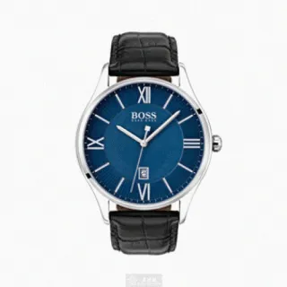 【BOSS】BOSS手錶型號HB1513553(寶藍色錶面銀錶殼深黑色真皮皮革錶帶款)