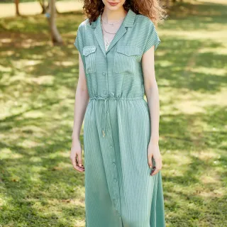 【ILEY 伊蕾】線條織紋真兩件連袖長洋裝(綠色；M-XL；1222067059)