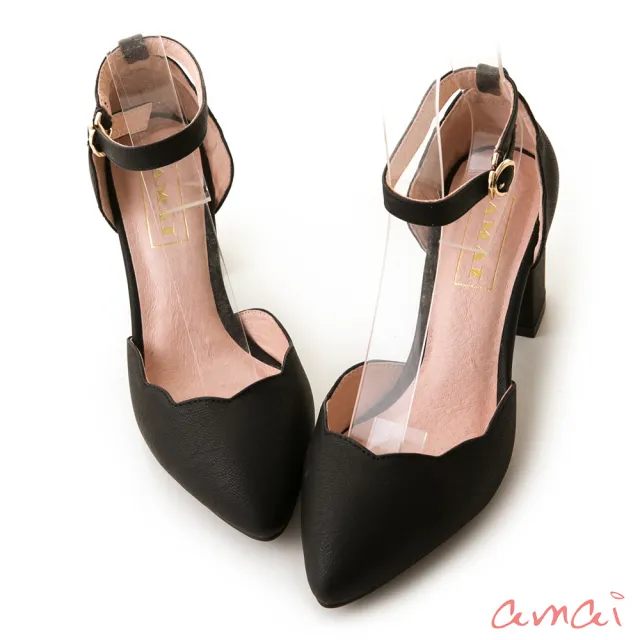 【amai】尖頭花邊粗跟鞋 高跟鞋 通勤鞋 上班鞋 高跟 粗跟 跟鞋 包鞋 氣質 大尺碼 GW27-2BK(黑色)