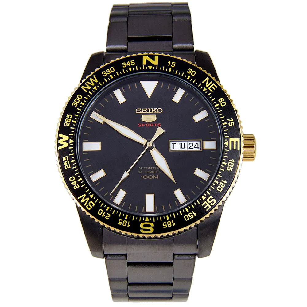 【SEIKO精工】精工5自動夜光指南針黑色不鏽鋼男士手錶(SRP670K)