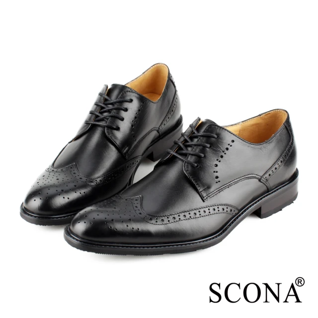 【SCONA 蘇格南】全真皮 義式雕花綁帶紳士鞋(黑色0828-1)