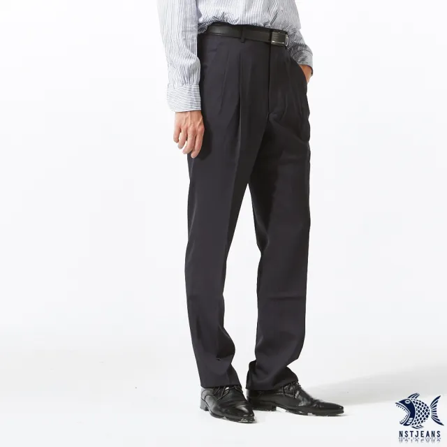 【NST Jeans】大尺碼 夏季西裝褲 炭黑素面 男羊毛打摺西裝褲-中高腰寬版(001-7278)