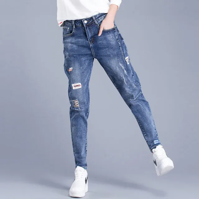 【RH】韓系裁剪中高腰貼布彈性牛仔9分長褲(全尺碼24.26.28.30.32搶先上市)