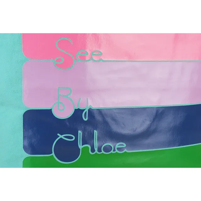 【See By Chloe】經典LOGO塗鴉色彩造型帆布束口托特購物肩背包(大/綠色)