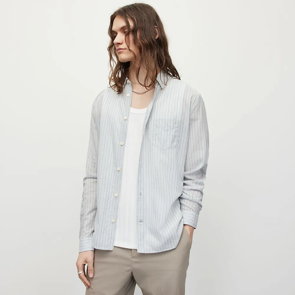 【ALLSAINTS】FORMENTERA 輕薄棉質混紡微透淺色條紋長袖襯衫 MS144Y(舒適版型)