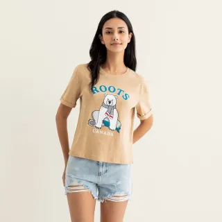【Roots】Roots女裝-動物派對系列 绒布動物純棉短袖T恤(腰果色)