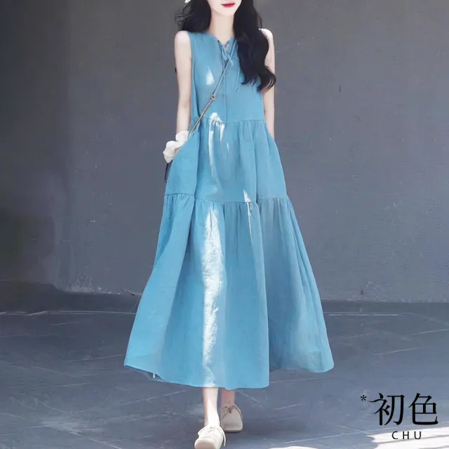 【初色】清涼感無袖綁帶背心蛋糕裙連身裙長版洋裝-藍色-69533(M/L可選)