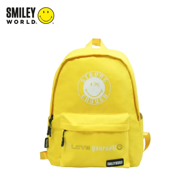 【Smiley World 微笑世界】黃色笑臉 休閒防潑水多功能後背包(實用款透氣多夾層 流行包 筆電包)