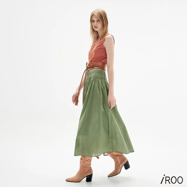 【iROO】綠色鬆緊摺飾長裙