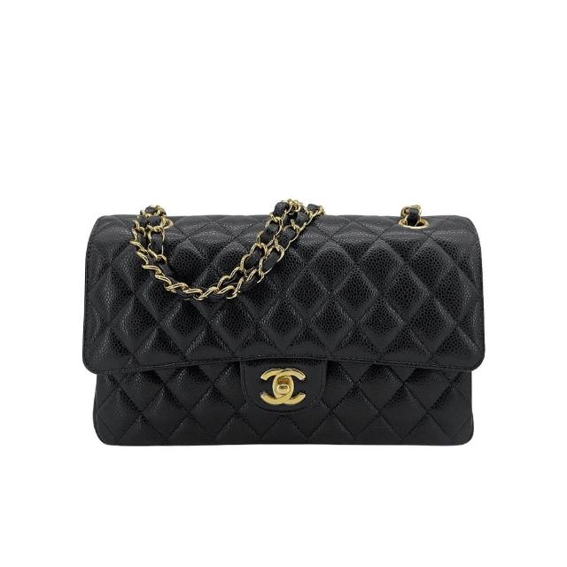 【CHANEL 香奈兒】經典雙C菱格牛皮金鍊翻蓋coco斜背包-25cm(A01112-黑)