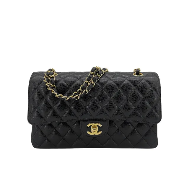 【CHANEL 香奈兒】經典雙C菱格牛皮金鍊翻蓋coco斜背包-25cm(A01112-黑)