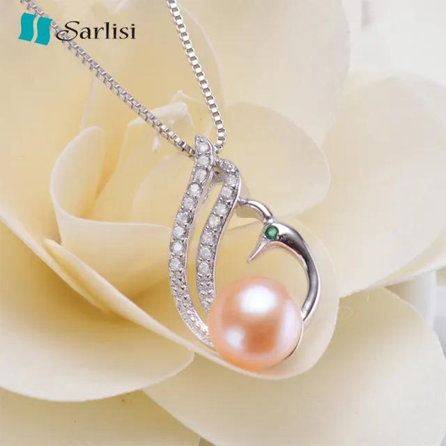 【Sarlisi】時尚孔雀款純銀晶鑽珍珠項鍊(白色、粉色、紫色)