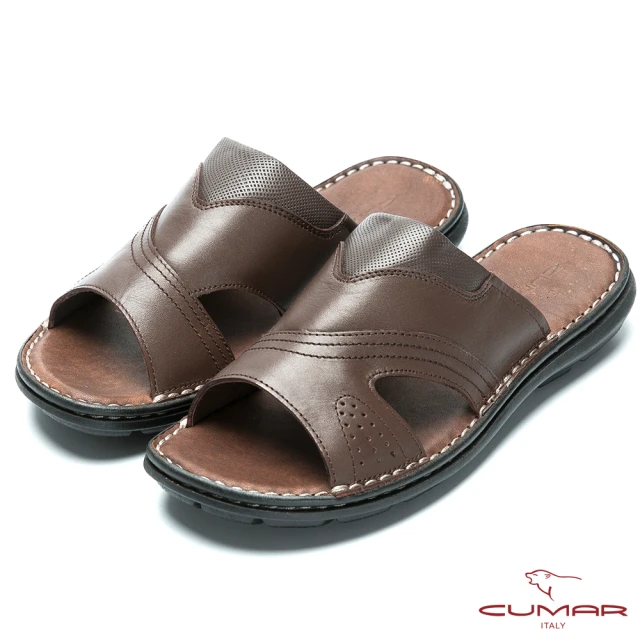 【CUMAR】舒適真皮 簡單大方氣墊涼拖鞋(咖啡色)