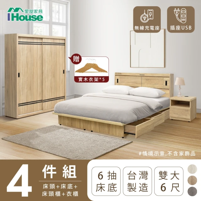 【IHouse】品田 房間4件組 雙大6尺(床頭箱+收納抽屜底+床頭櫃+衣櫃)
