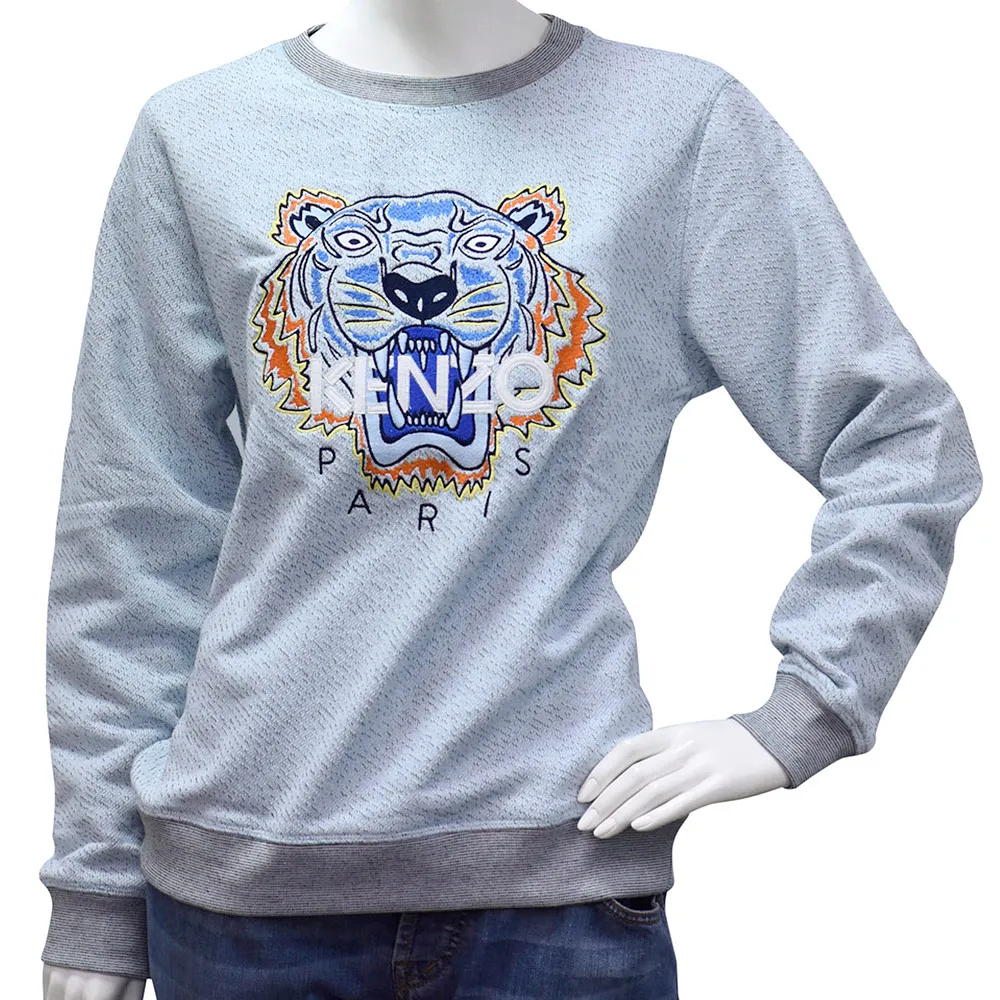 【KENZO】老虎標誌印花條紋棉布飾邊白字厚版純棉長袖圓領衫(粉藍KJ15568-421-BLUE)