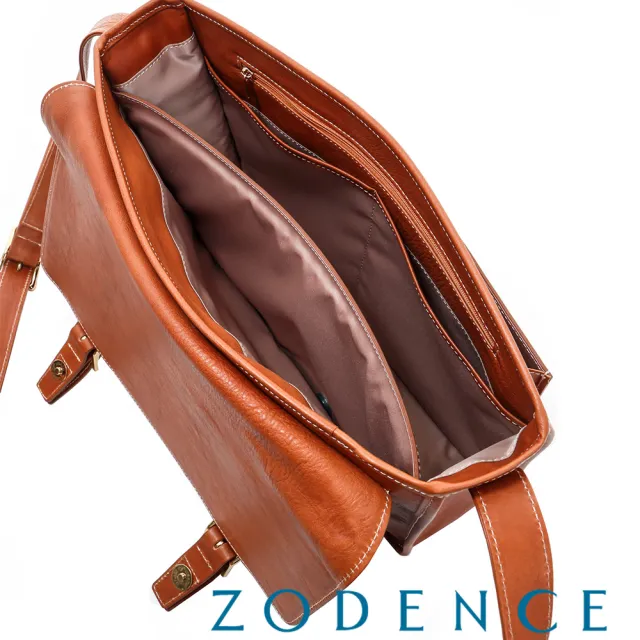 【ZODENCE】義大利植鞣革系列雙皮帶釦設計立體斜揹包(橘紅)