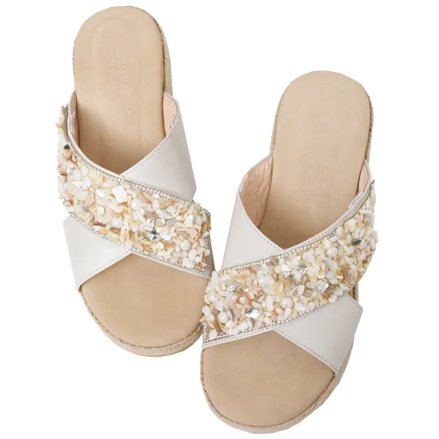 【Ann’S】水洗牛皮-3cm小心機厚底！「訂製貝殼顯瘦交叉V口」草編圓頭涼鞋(米白)