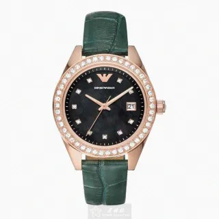 【EMPORIO ARMANI】ARMANI手錶型號AR00027(墨綠色錶面玫瑰金錶殼綠色真皮皮革錶帶款)