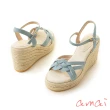 【amai】日系編織草編厚底繞踝楔型涼鞋 坡跟涼鞋 高跟涼鞋 坡跟 時尚 百搭 大尺碼 S85BU(藍色)